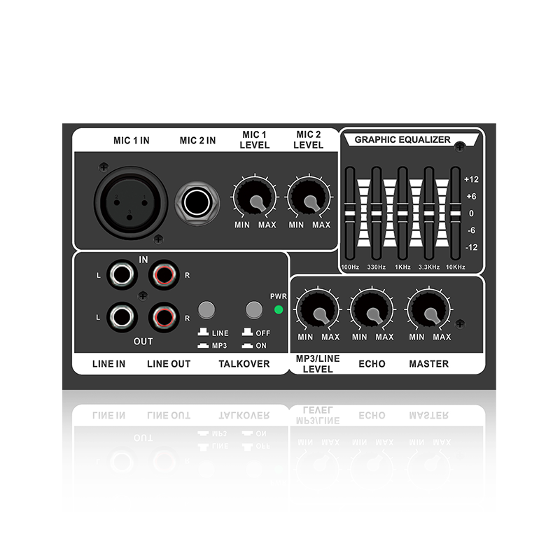 PL13-5EQ+AC: Módulo funcional analógico horizontal con dos canales de micrófono y prioridad de micrófono para amplificador clase AB