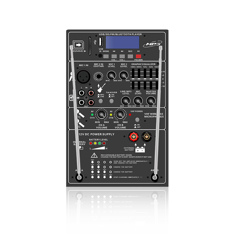 PL13-5EQ: Dos canales de micrófono y control de volumen con módulo funcional de altavoz recargable con ecualizador gráfico de 5 bandas