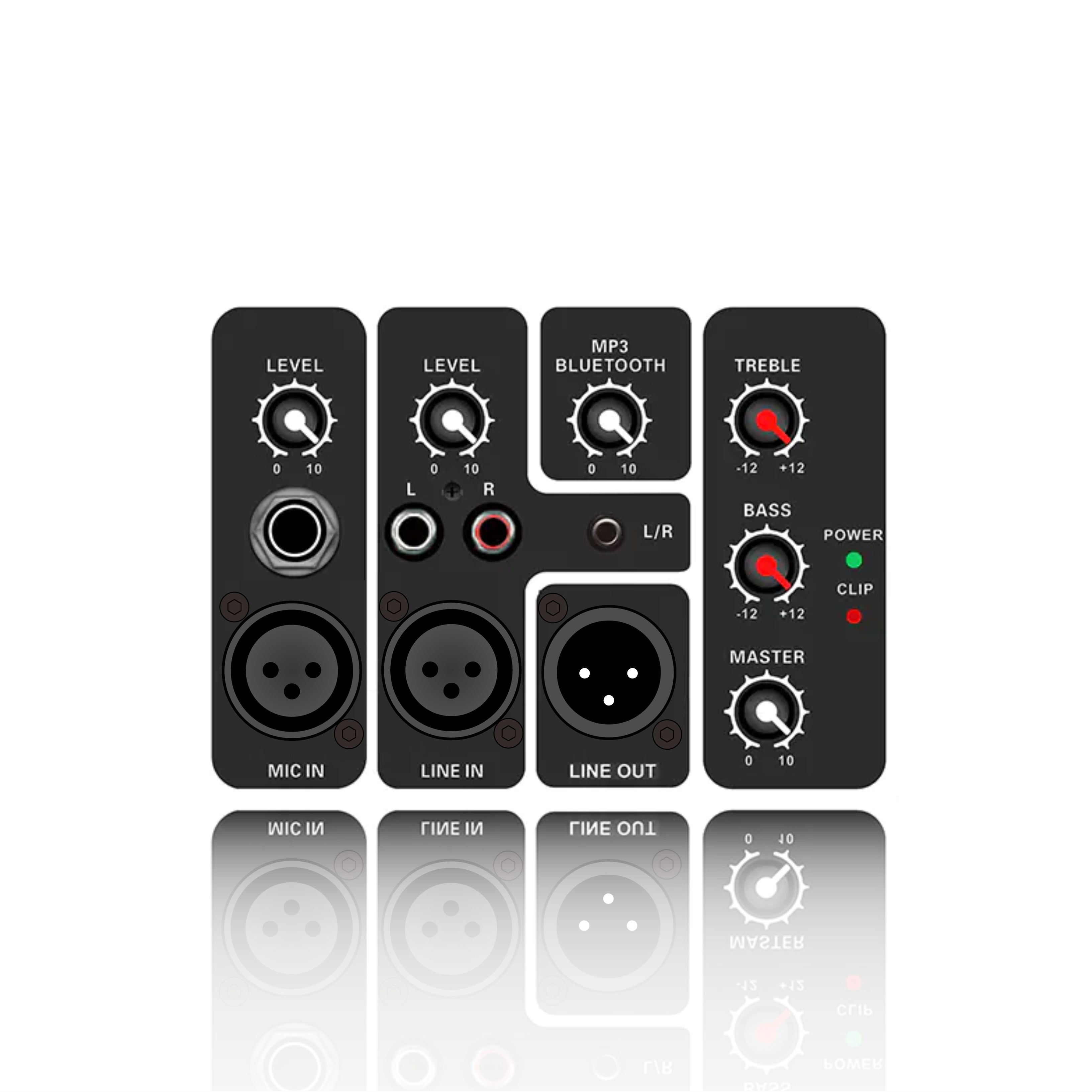 PL15: Módulo funcional analógico horizontal para amplificador clase AB con entrada de micrófono y línea y salida de mezcla