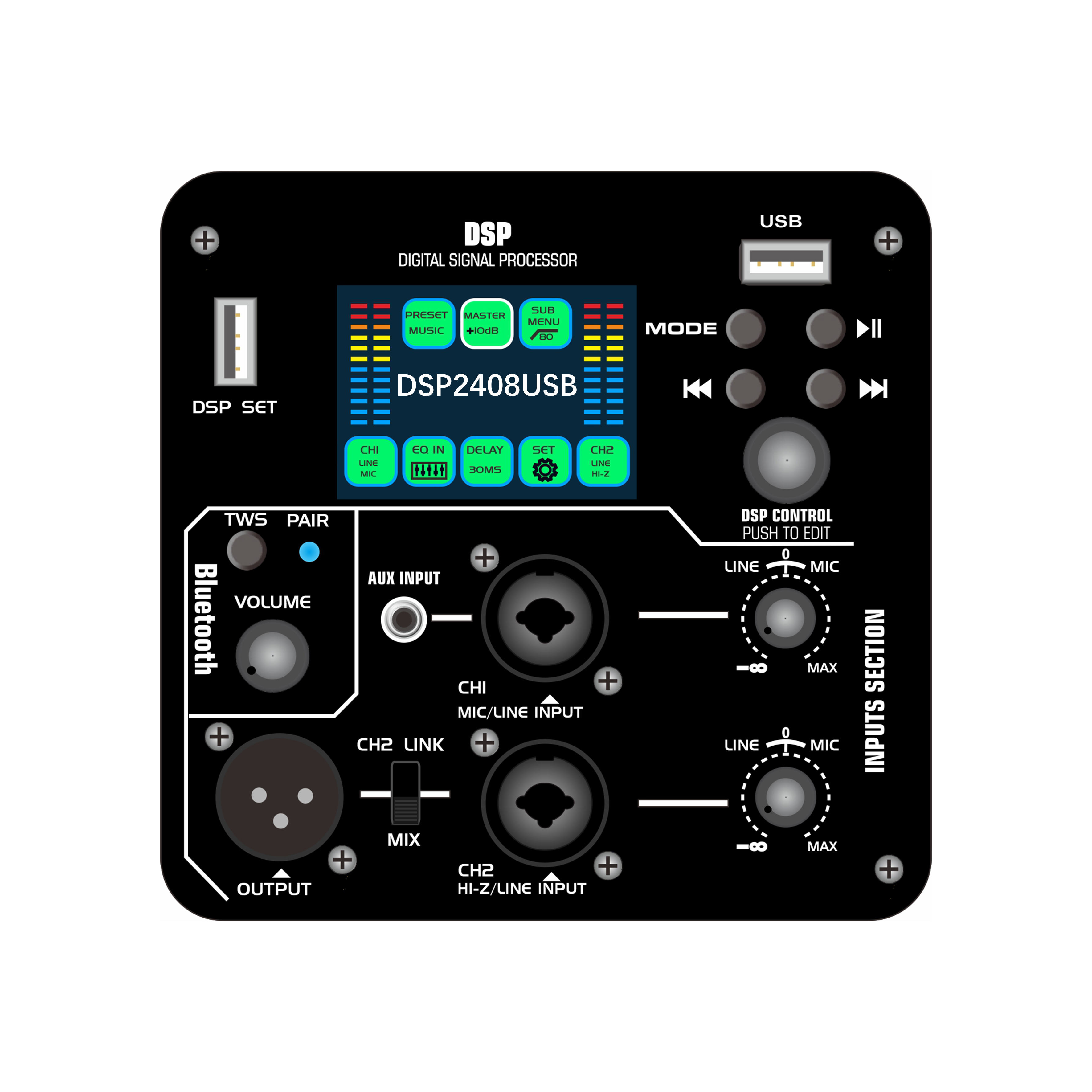 DSP2408USB Amplificador de potencia activo DSP con pantalla a color y función de reproducción de audio mediante unidad flash USB